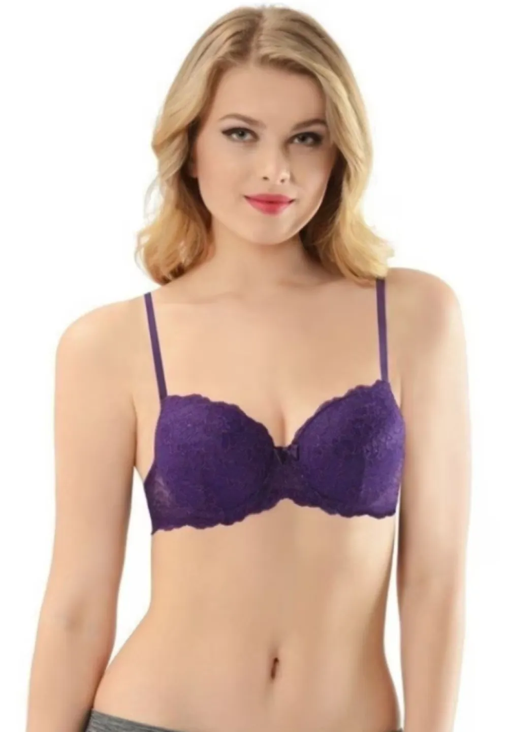 Sutien cu Dantelă, Push-Up și Balene de Susținere, Mov - 1