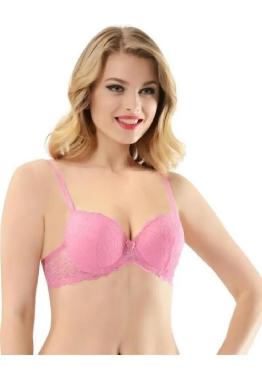 Sutien cu Dantelă, Push-Up și Balene de Susținere, Roz - 1