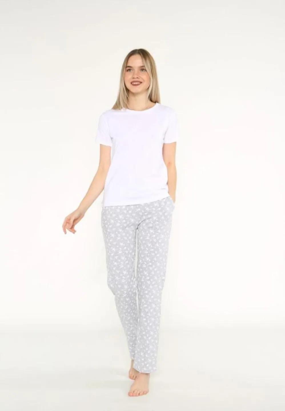 Pijama Dama, Alb, Maneca Scurta, Pantalon Lungi - 2