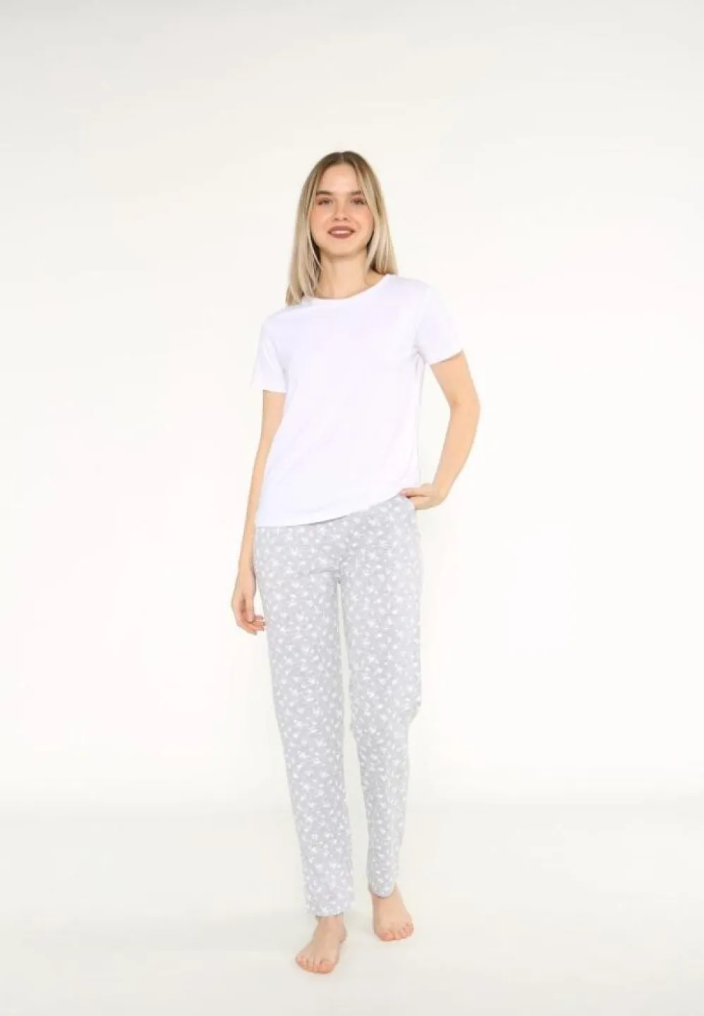 Pijama Dama, Alb, Maneca Scurta, Pantalon Lungi - 1