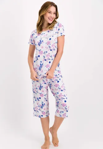 Pijama Dama Bumbac Mânecă Scurtă, Pantalon Trei Sferturi cu Dantelă