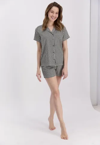 Pijama Dama Bumbac Pierre Cardin, Cămașă și Short cu Dungi Negre