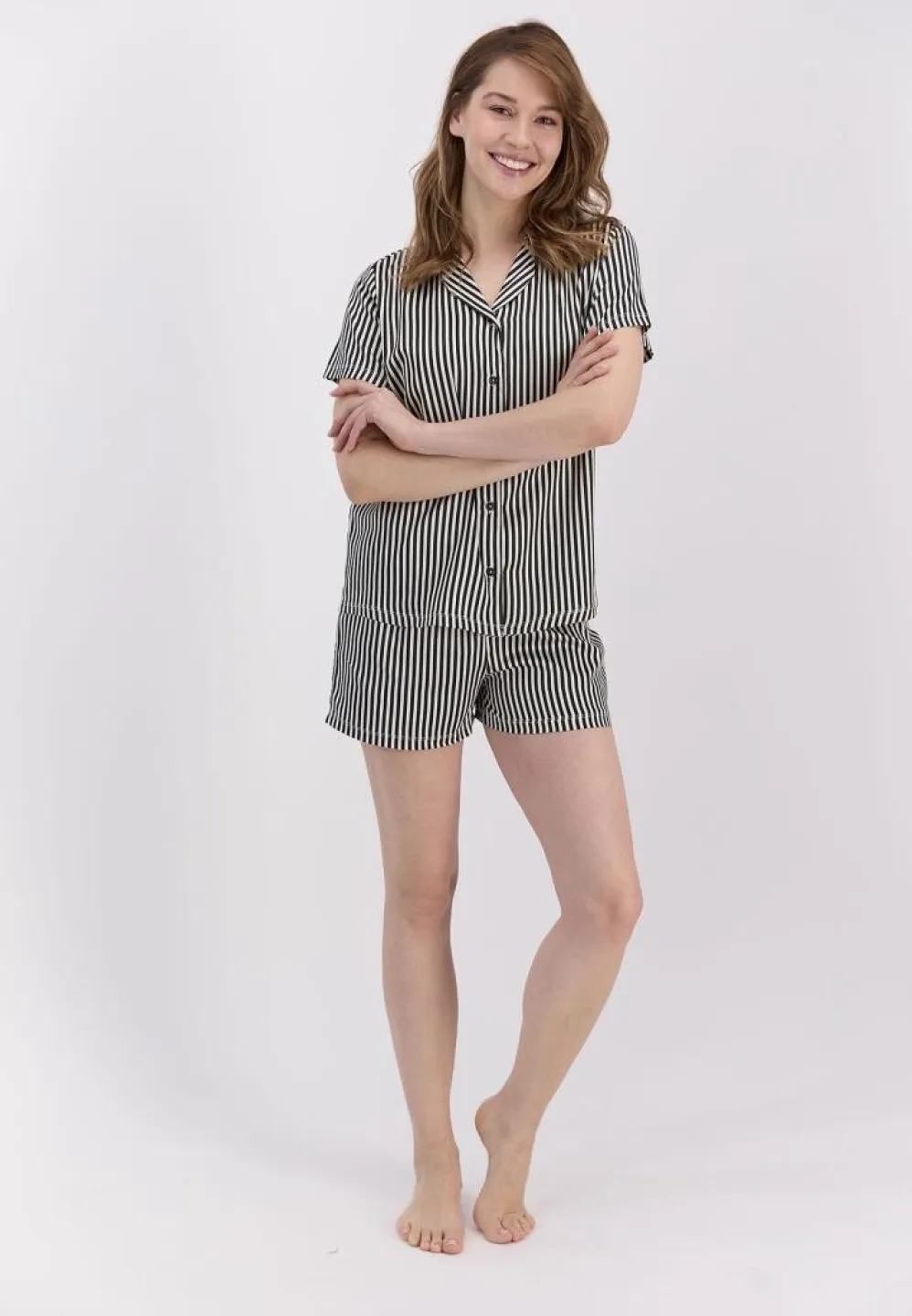 Pijama Dama Bumbac Pierre Cardin, Cămașă și Short cu Dungi Negre - 7
