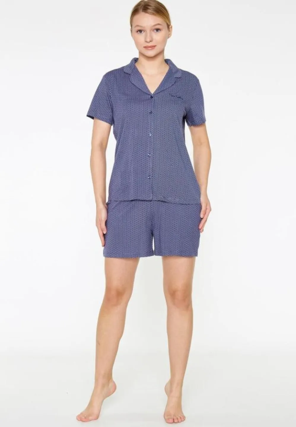 Pijama Dama Bumbac Pierre Cardin, Cămașă și Short, Albastru - 1