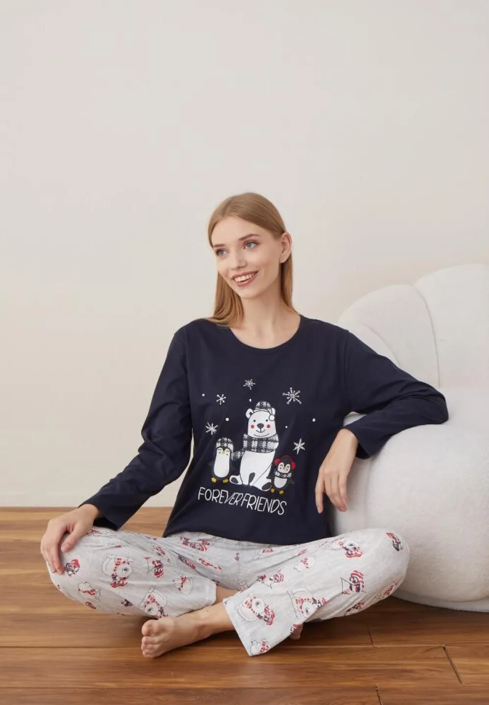 Pijama Craciun Dama Maneca Lunga Pantalon Lungi Bleumarin Forever Friends - 2