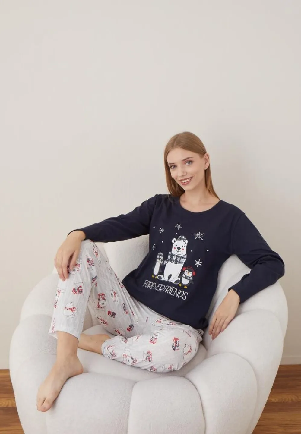 Pijama Craciun Dama Maneca Lunga Pantalon Lungi Bleumarin Forever Friends - 4