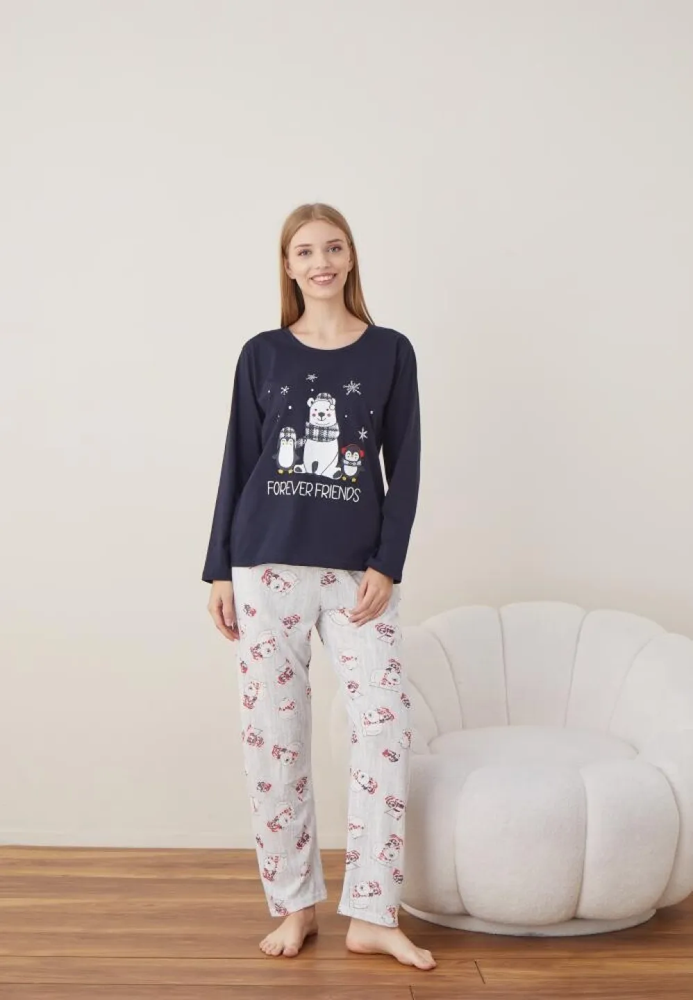 Pijama Craciun Dama Maneca Lunga Pantalon Lungi Bleumarin Forever Friends - 5