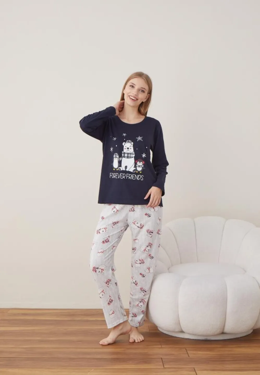 Pijama Craciun Dama Maneca Lunga Pantalon Lungi Bleumarin Forever Friends - 1