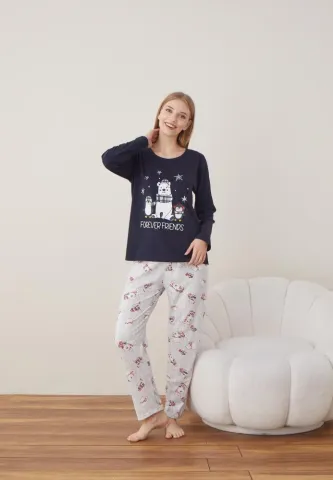 Pijama Craciun Dama Maneca Lunga Pantalon Lungi Bleumarin Forever Friends