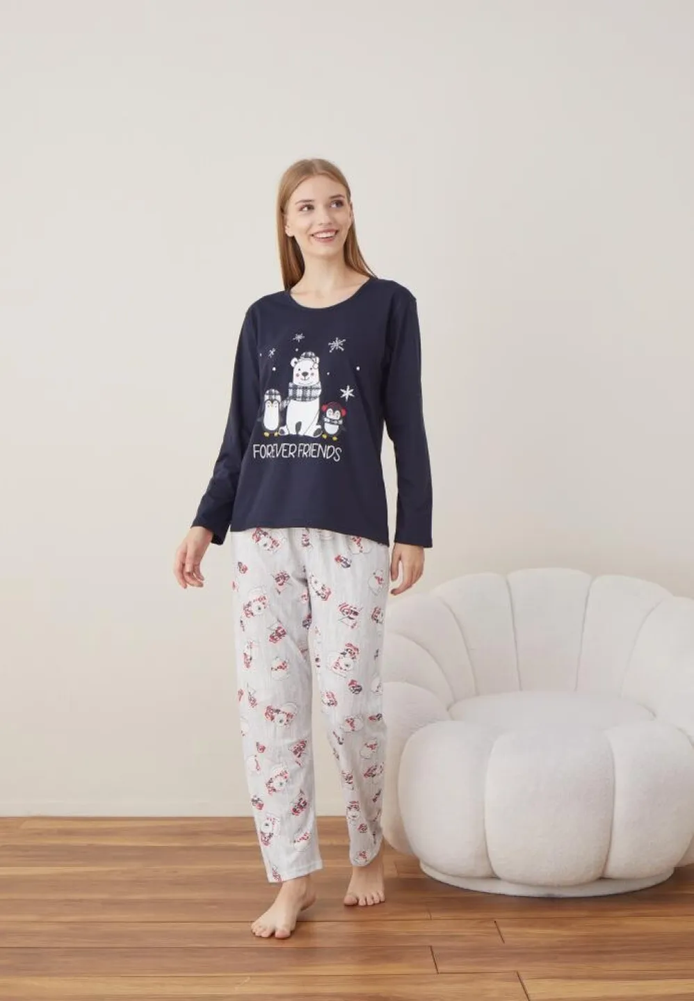 Pijama Craciun Dama Maneca Lunga Pantalon Lungi Bleumarin Forever Friends - 6