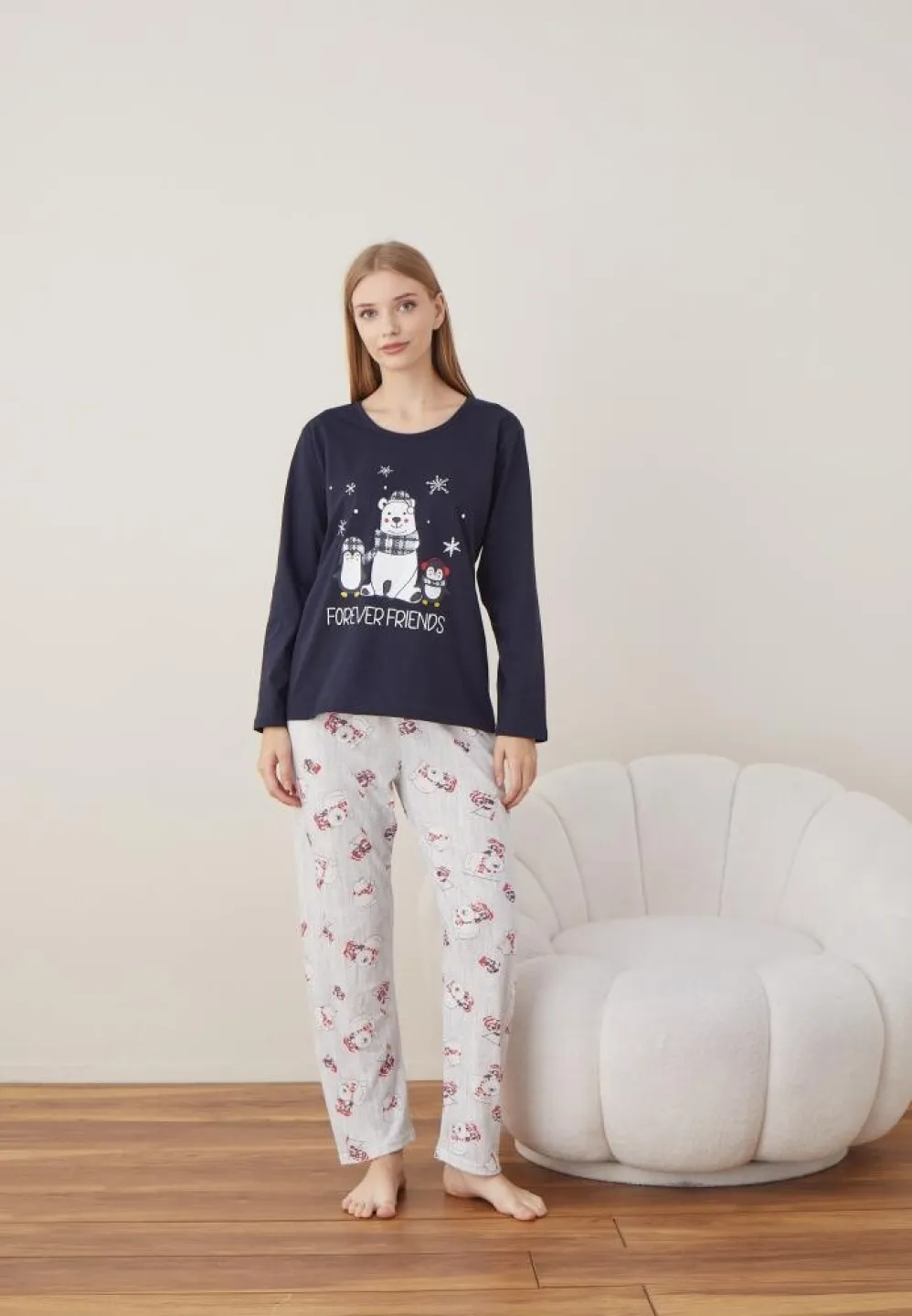 Pijama Craciun Dama Maneca Lunga Pantalon Lungi Bleumarin Forever Friends - 7