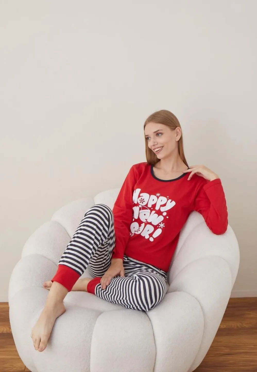 Pijama Craciun Dama Maneca Lunga Pantalon Lungi Rosu HAPPY NEW YEAR - 3