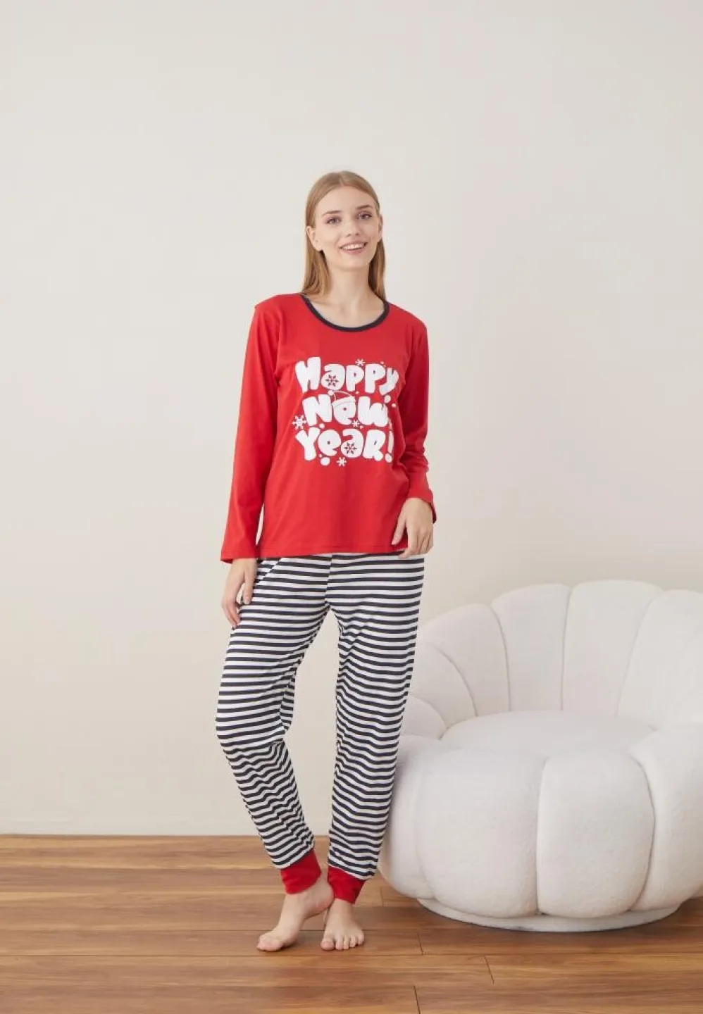 Pijama Craciun Dama Maneca Lunga Pantalon Lungi Rosu HAPPY NEW YEAR - 4