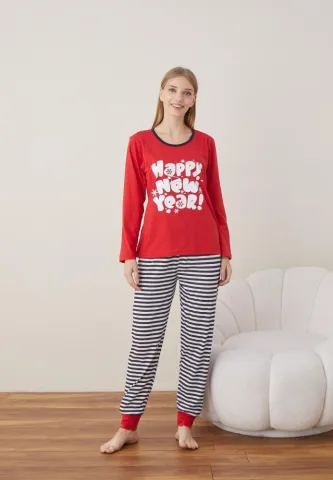 Pijama Craciun Dama Maneca Lunga Pantalon Lungi Rosu HAPPY NEW YEAR