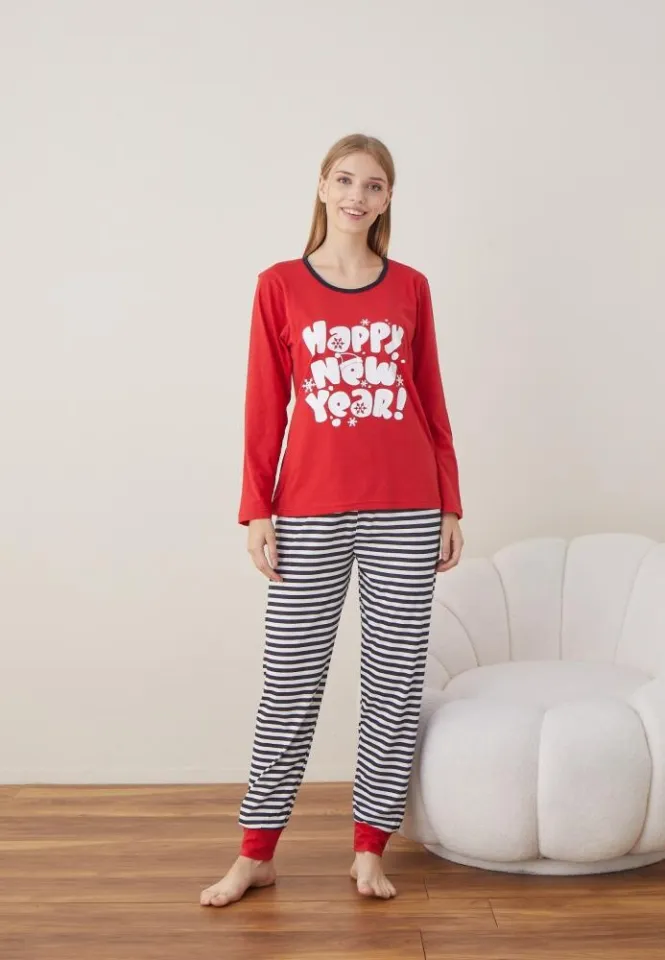 Pijama Craciun Dama Maneca Lunga Pantalon Lungi Rosu HAPPY NEW YEAR