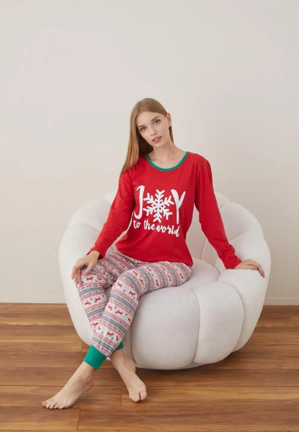 Pijama Craciun Dama Maneca Lunga Pantalon Lungi Rosu Joy - 2