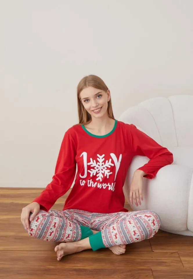 Pijama Craciun Dama Maneca Lunga Pantalon Lungi Rosu Joy