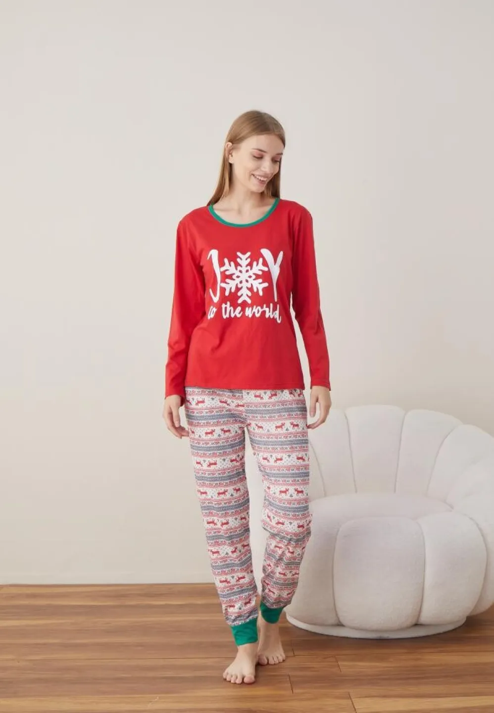 Pijama Craciun Dama Maneca Lunga Pantalon Lungi Rosu Joy - 3