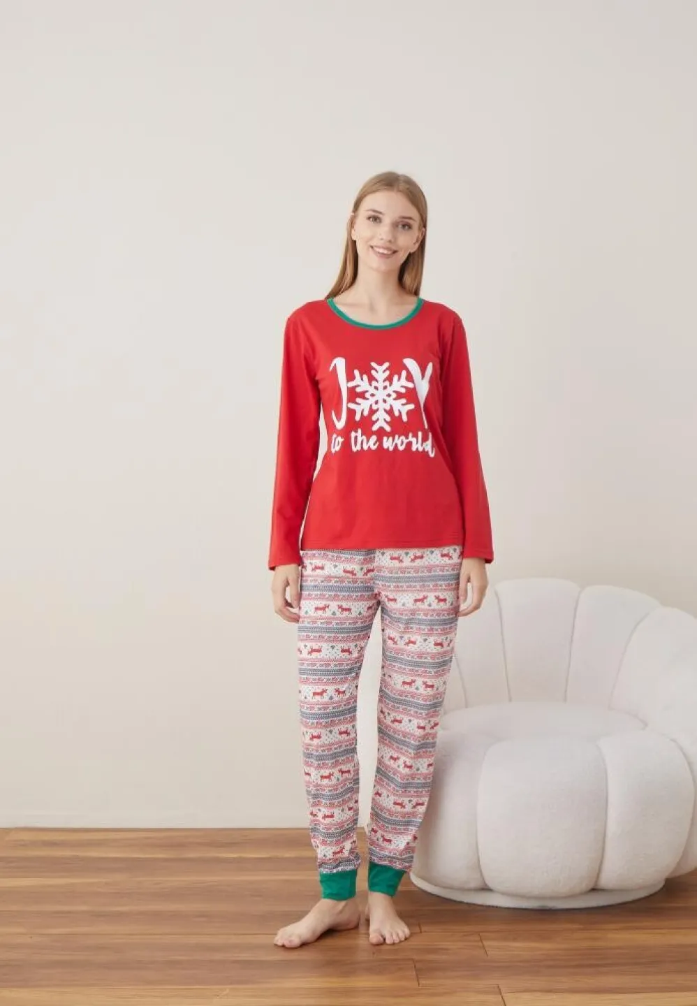 Pijama Craciun Dama Maneca Lunga Pantalon Lungi Rosu Joy - 4