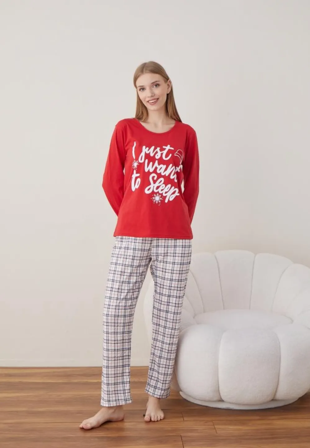 Pijama Craciun Dama Maneca Lunga Pantalon Lungi Rosu I Just Want - 2