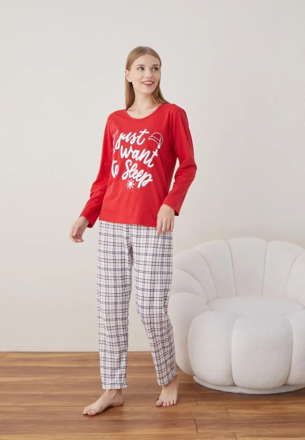 Pijama Craciun Dama Maneca Lunga Pantalon Lungi Rosu I Just Want - 3