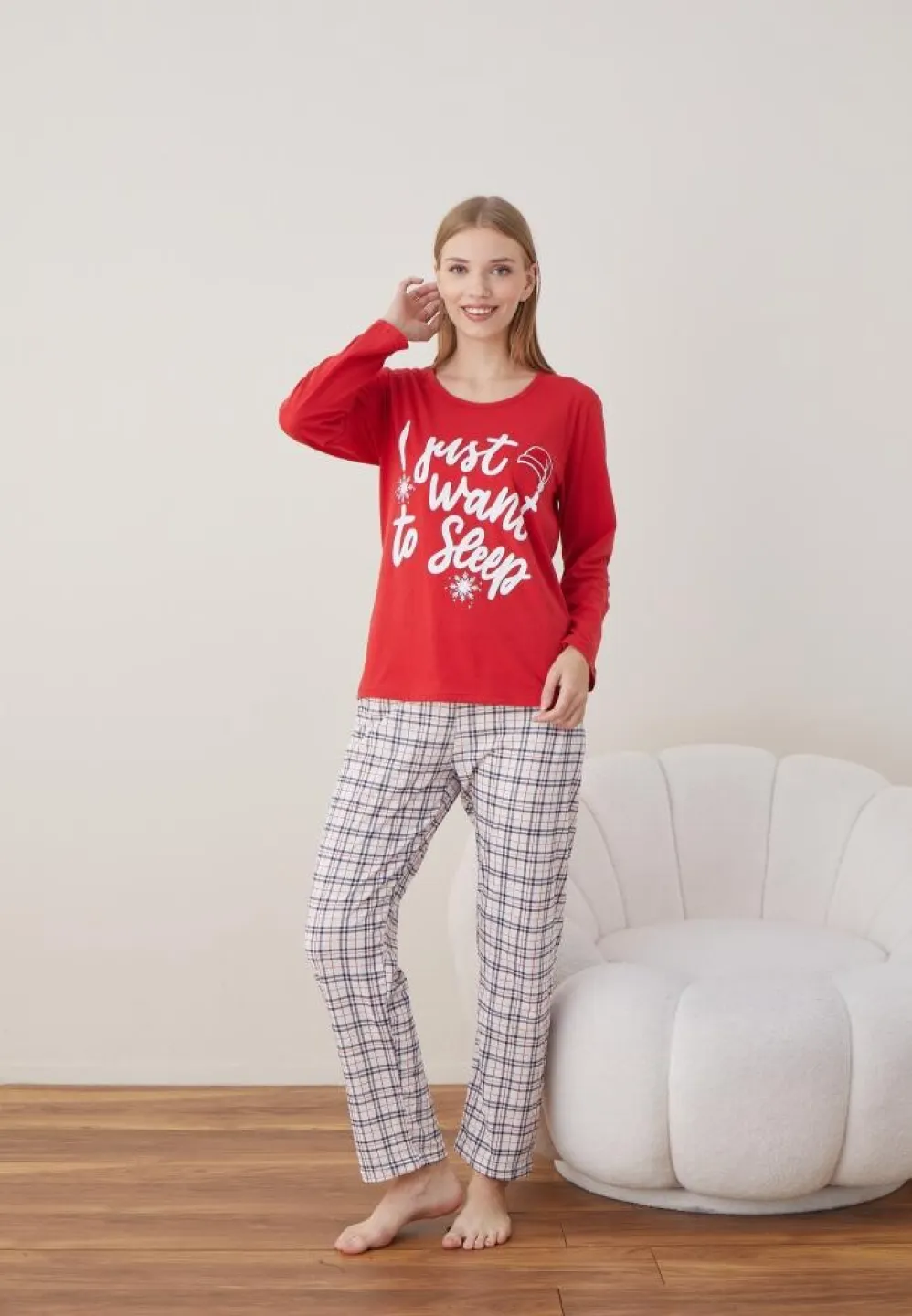 Pijama Craciun Dama Maneca Lunga Pantalon Lungi Rosu I Just Want - 1