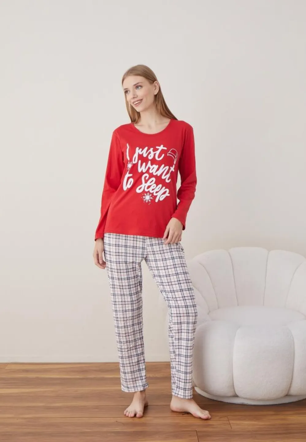 Pijama Craciun Dama Maneca Lunga Pantalon Lungi Rosu I Just Want - 4