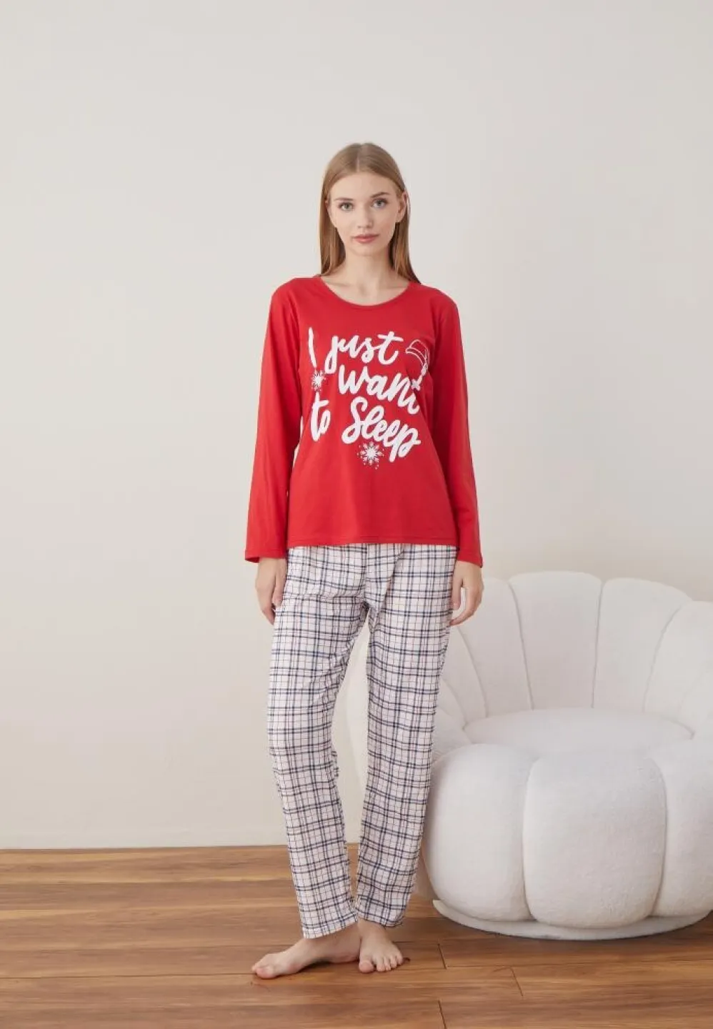 Pijama Craciun Dama Maneca Lunga Pantalon Lungi Rosu I Just Want - 5