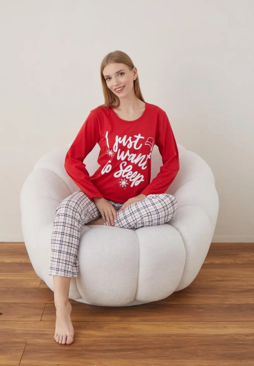 Pijama Craciun Dama Maneca Lunga Pantalon Lungi Rosu I Just Want - 6