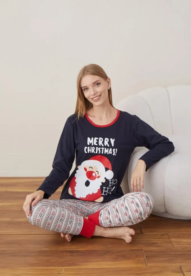 Pijama Craciun Dama Maneca Lunga Pantalon Lungi Bleumarin MERRY CHRISTMAS