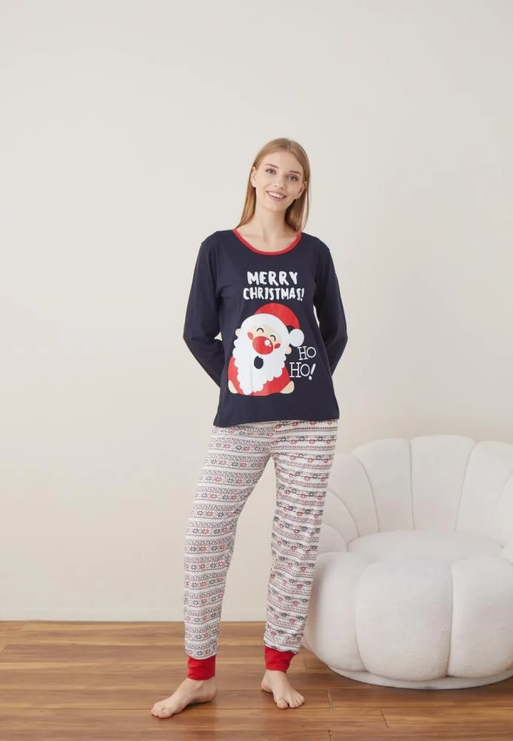 Pijama Craciun Dama Maneca Lunga Pantalon Lungi Bleumarin MERRY CHRISTMAS - 3