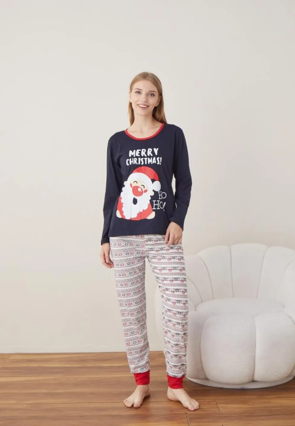 Pijama Craciun Dama Maneca Lunga Pantalon Lungi Bleumarin MERRY CHRISTMAS - 4
