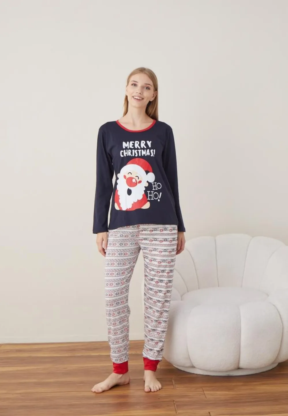 Pijama Craciun Dama Maneca Lunga Pantalon Lungi Bleumarin MERRY CHRISTMAS - 5