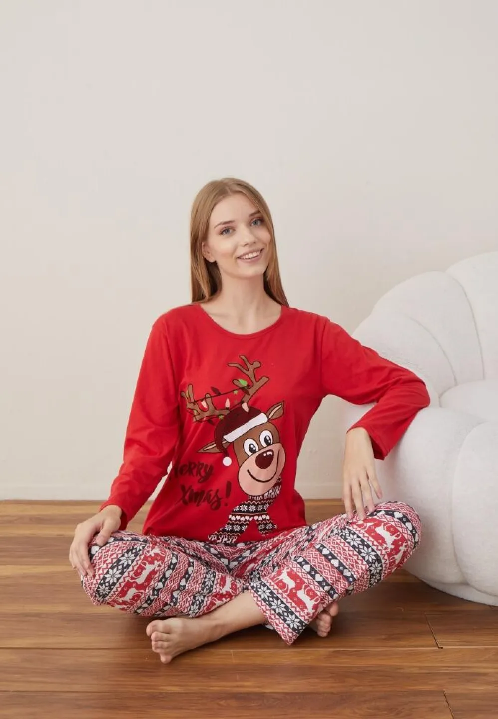 Pijama Craciun Dama Maneca Lunga Pantalon Lungi Rosu Ren - 2