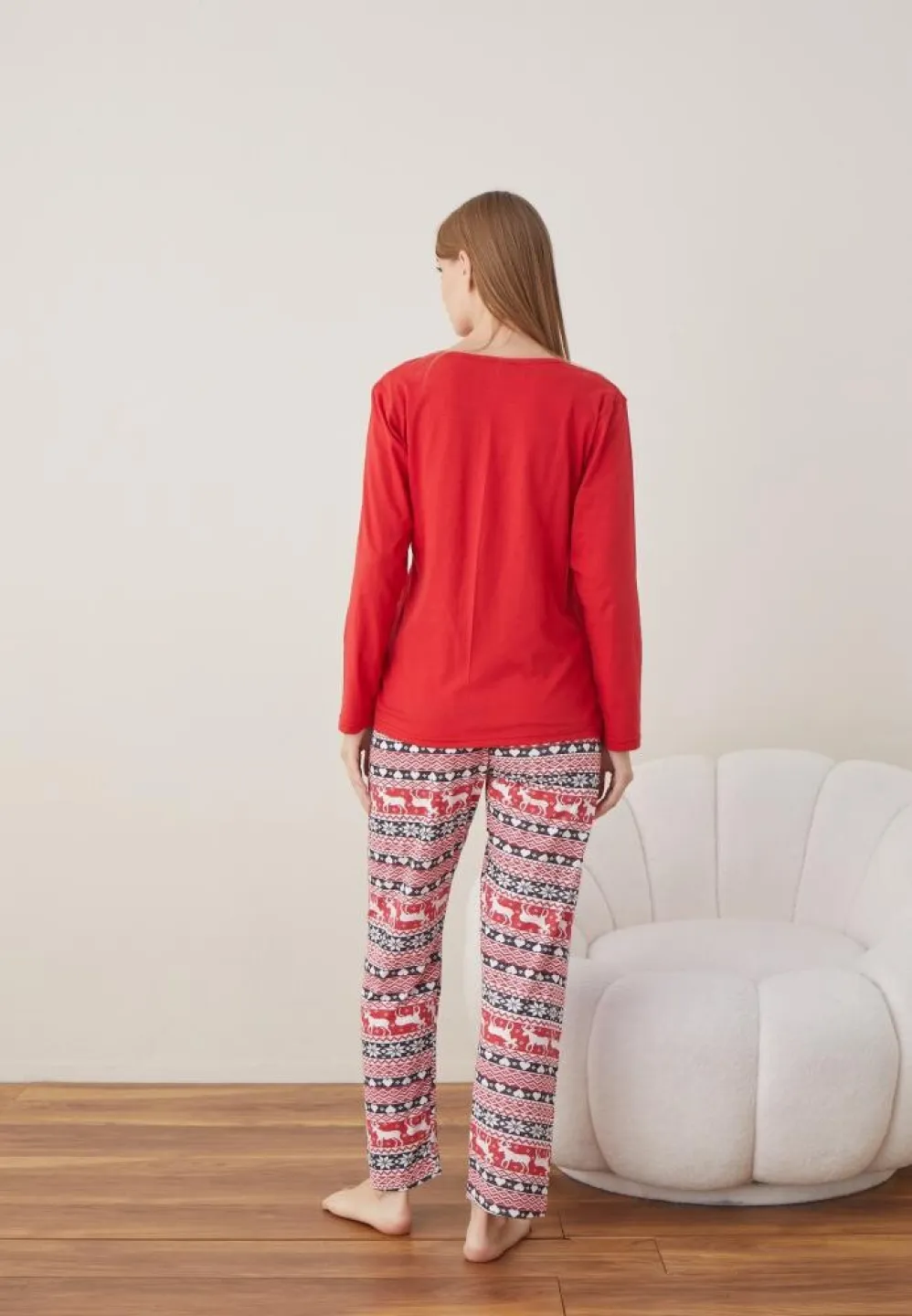 Pijama Craciun Dama Maneca Lunga Pantalon Lungi Rosu Ren - 4