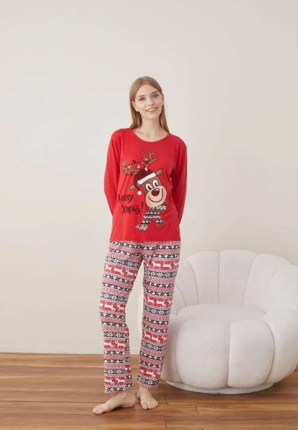 Pijama Craciun Dama Maneca Lunga Pantalon Lungi Rosu Ren - 5