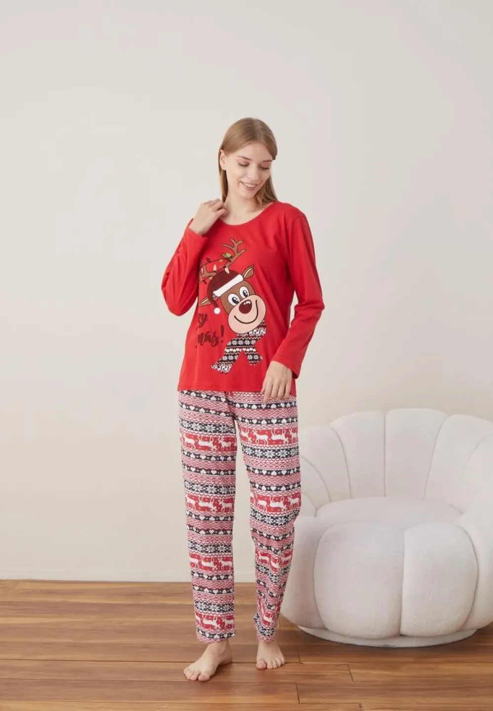 Pijama Craciun Dama Maneca Lunga Pantalon Lungi Rosu Ren - 6