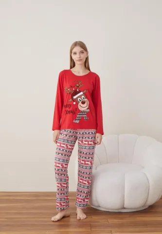 Pijama Craciun Dama Maneca Lunga Pantalon Lungi Rosu Ren