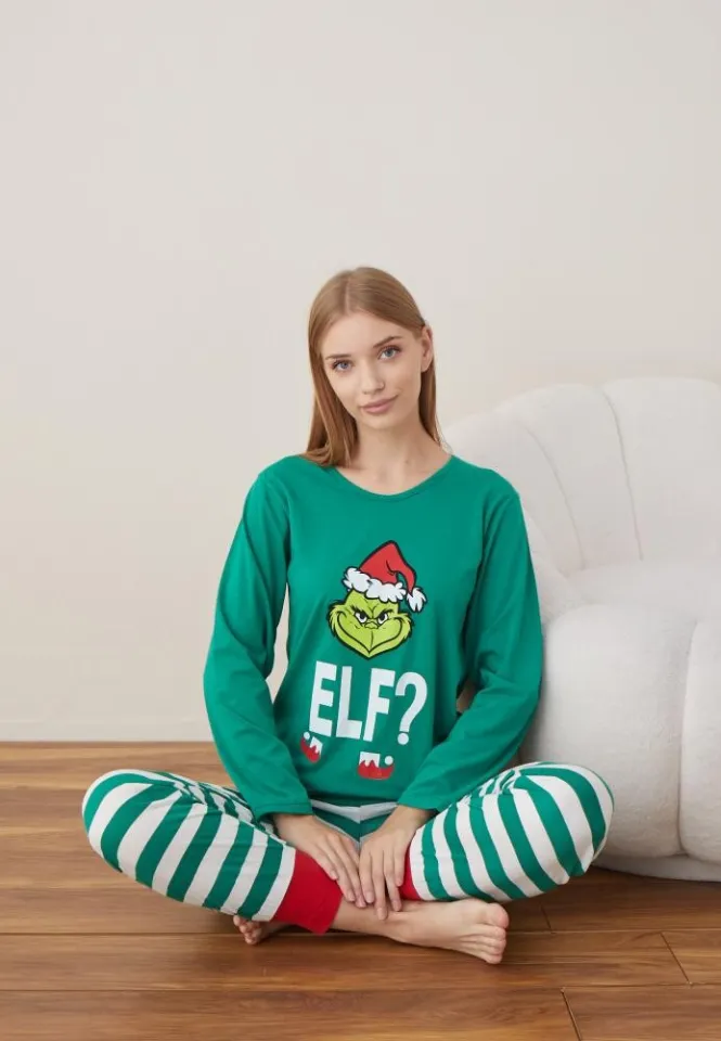 Pijama Craciun Dama Maneca Lunga Pantalon Lungi Verde Elf
