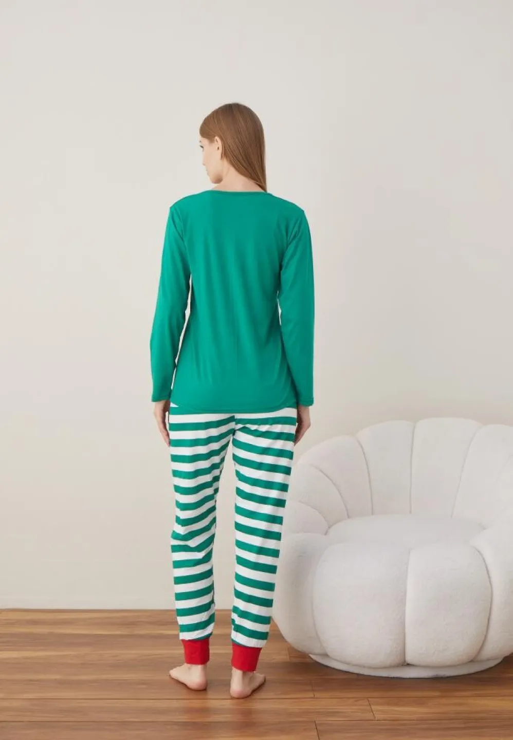 Pijama Craciun Dama Maneca Lunga Pantalon Lungi Verde Elf - 2