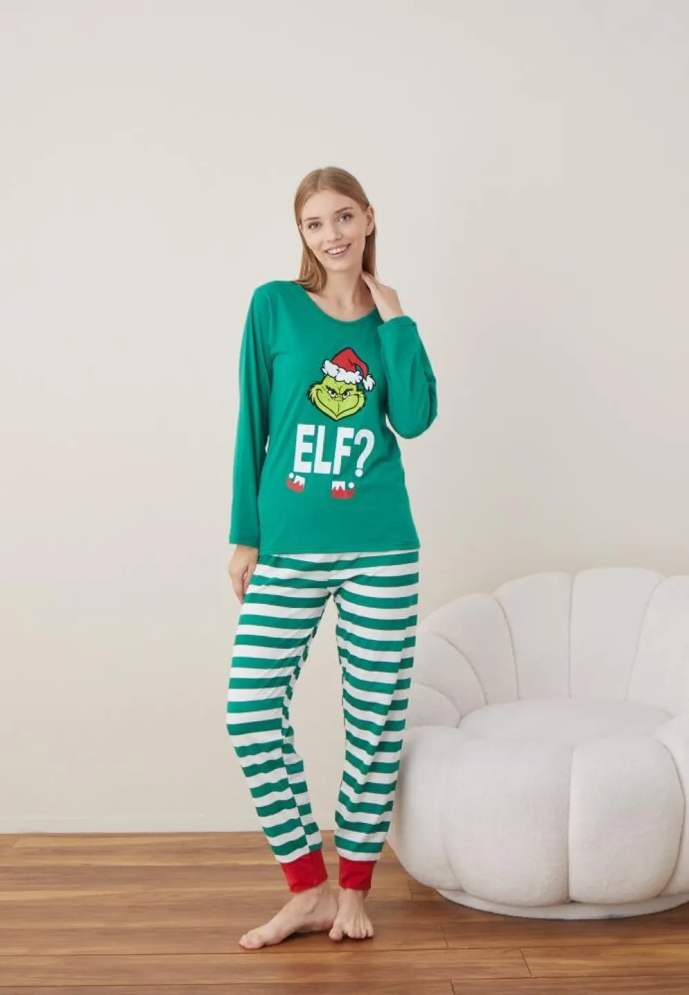 Pijama Craciun Dama Maneca Lunga Pantalon Lungi Verde Elf - 3