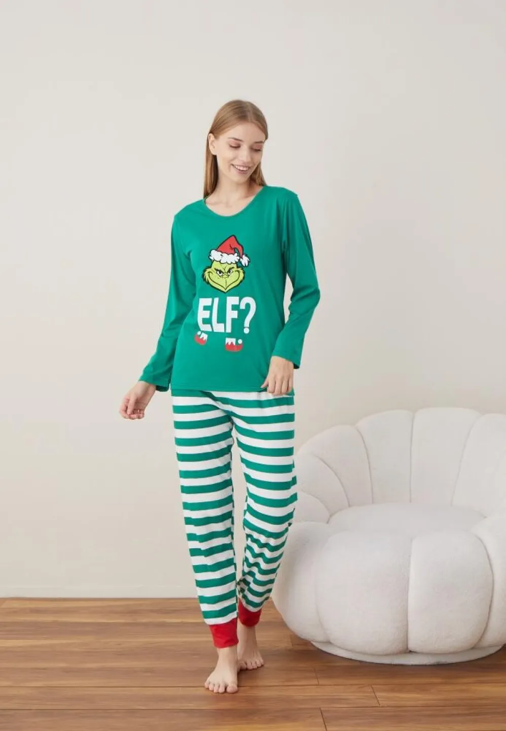 Pijama Craciun Dama Maneca Lunga Pantalon Lungi Verde Elf - 4
