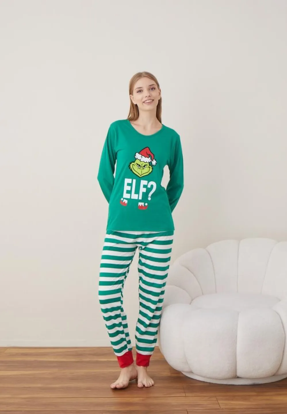 Pijama Craciun Dama Maneca Lunga Pantalon Lungi Verde Elf - 5