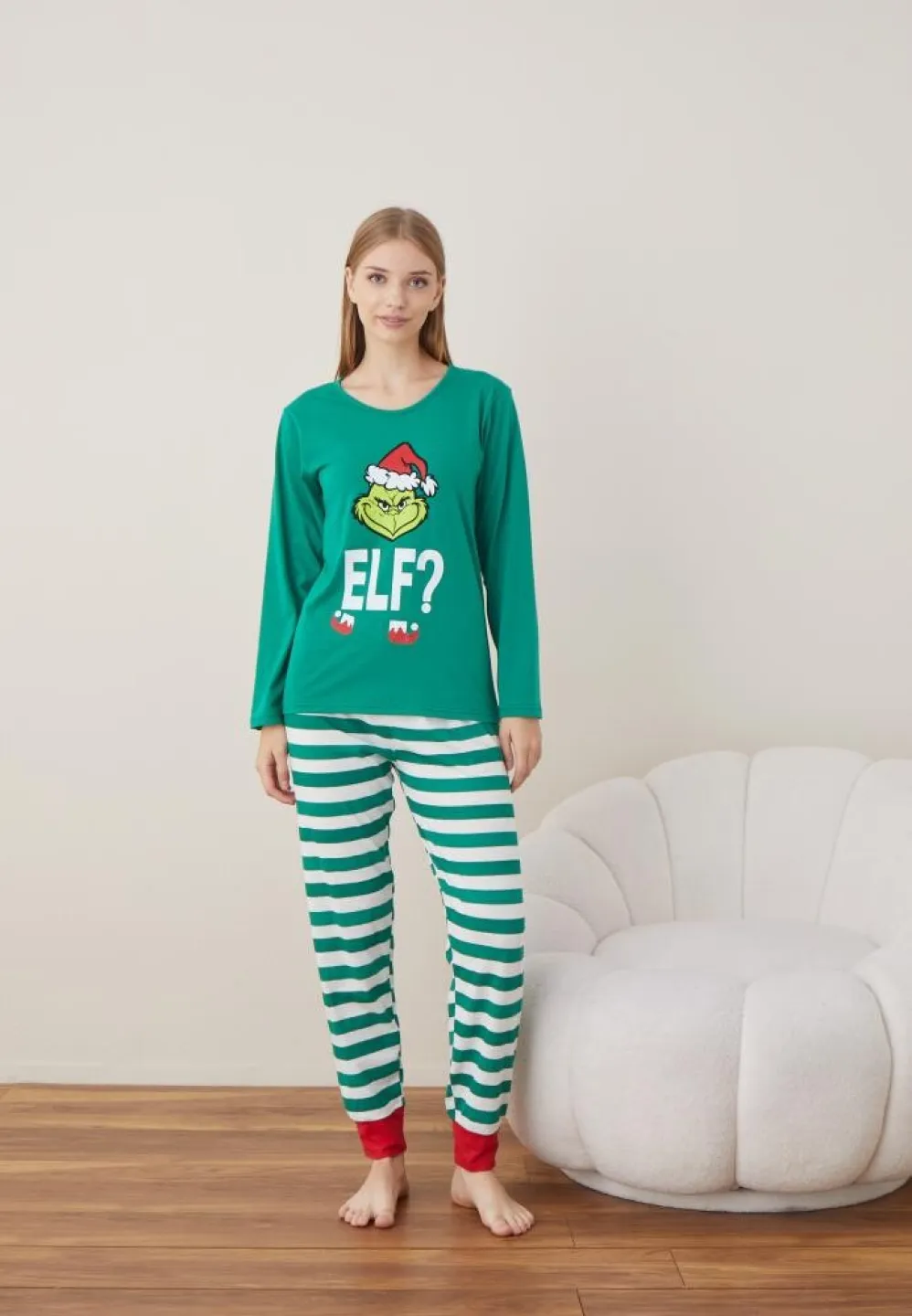 Pijama Craciun Dama Maneca Lunga Pantalon Lungi Verde Elf - 6