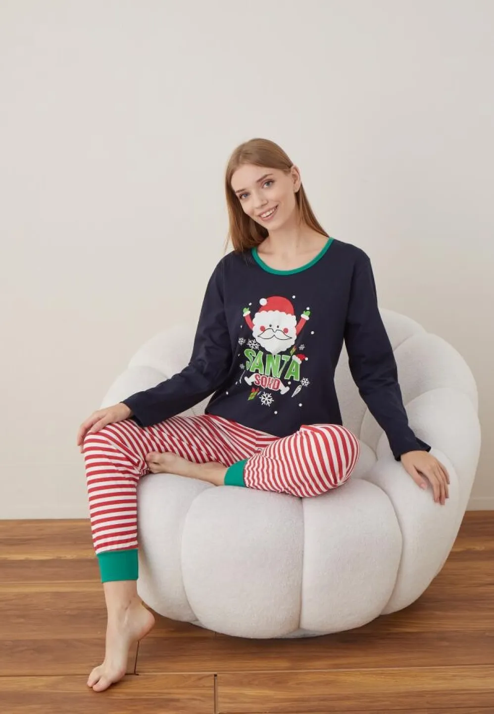 Pijama Craciun Dama Maneca Lunga Pantalon Lungi Bleumarin Santa - 2