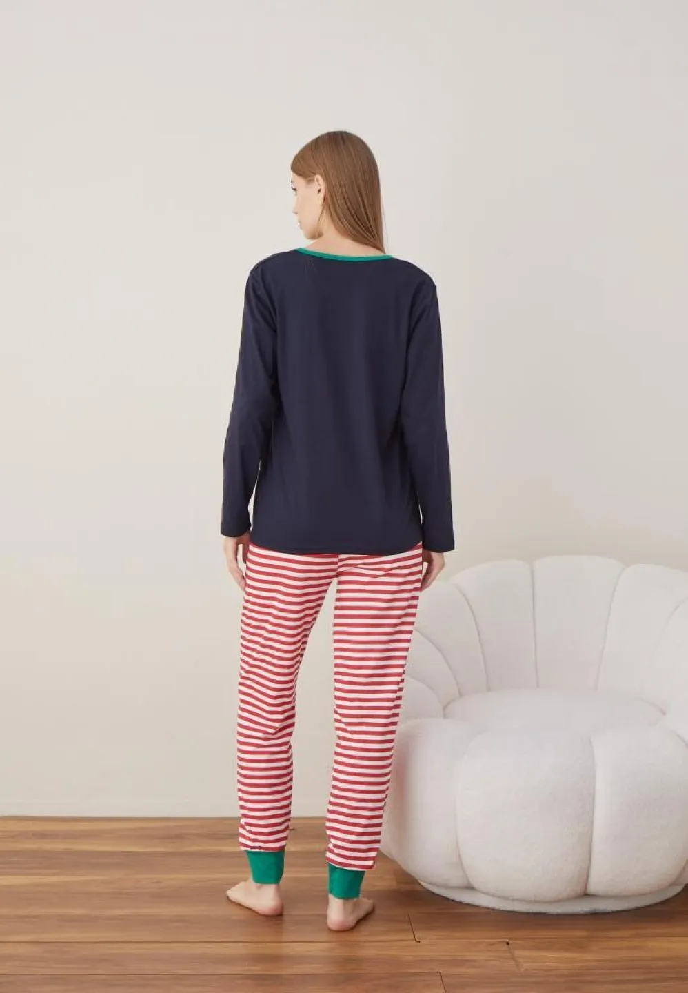 Pijama Craciun Dama Maneca Lunga Pantalon Lungi Bleumarin Santa - 3