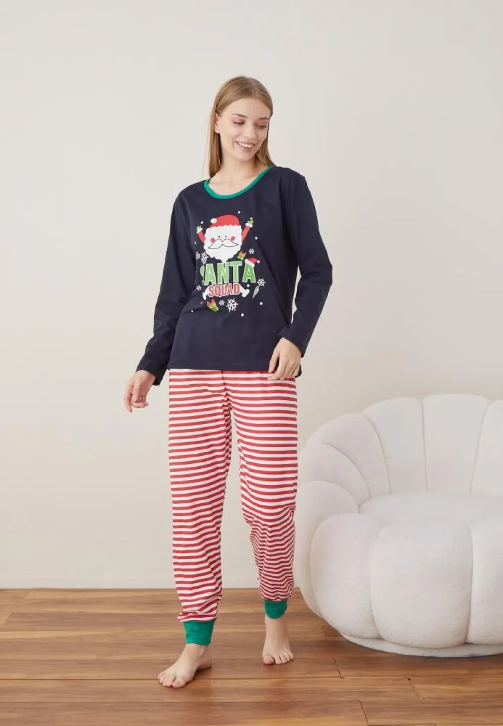 Pijama Craciun Dama Maneca Lunga Pantalon Lungi Bleumarin Santa - 4