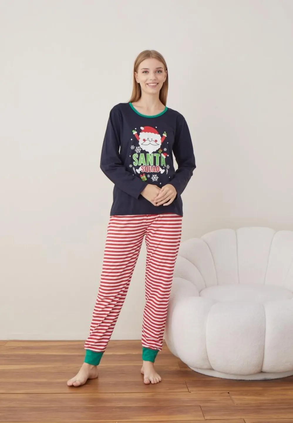 Pijama Craciun Dama Maneca Lunga Pantalon Lungi Bleumarin Santa - 1