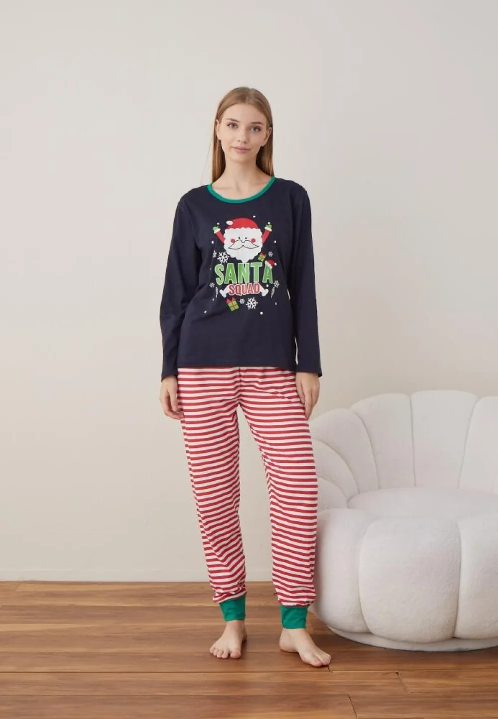 Pijama Craciun Dama Maneca Lunga Pantalon Lungi Bleumarin Santa - 5