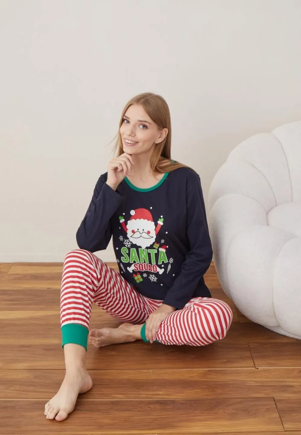 Pijama Craciun Dama Maneca Lunga Pantalon Lungi Bleumarin Santa - 6